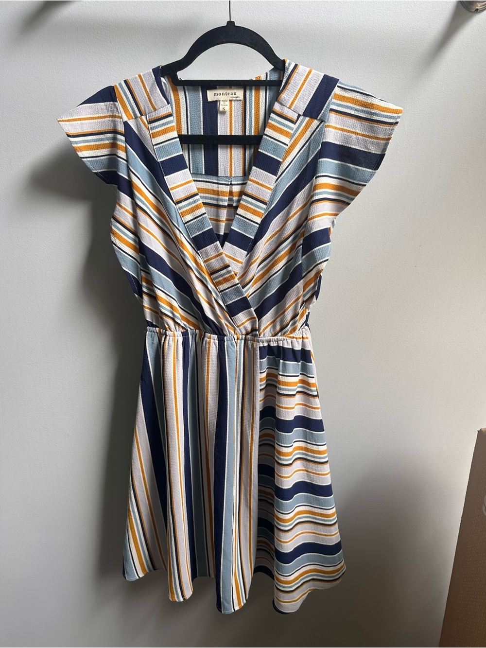 Monteau Navy, White & Mustard Striped Mini Dress